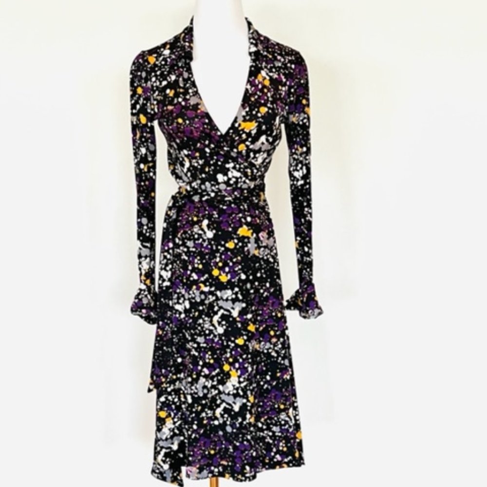 Diane Von Furstenberg Black and Purple Long Sleeve Dress